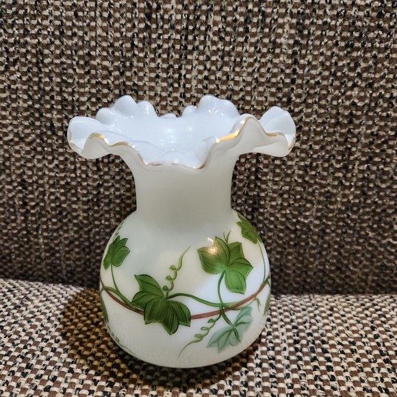 Elegant Ruffle Top Milk Glass White Vase with Green Leaf Design - Picture 4 of 7